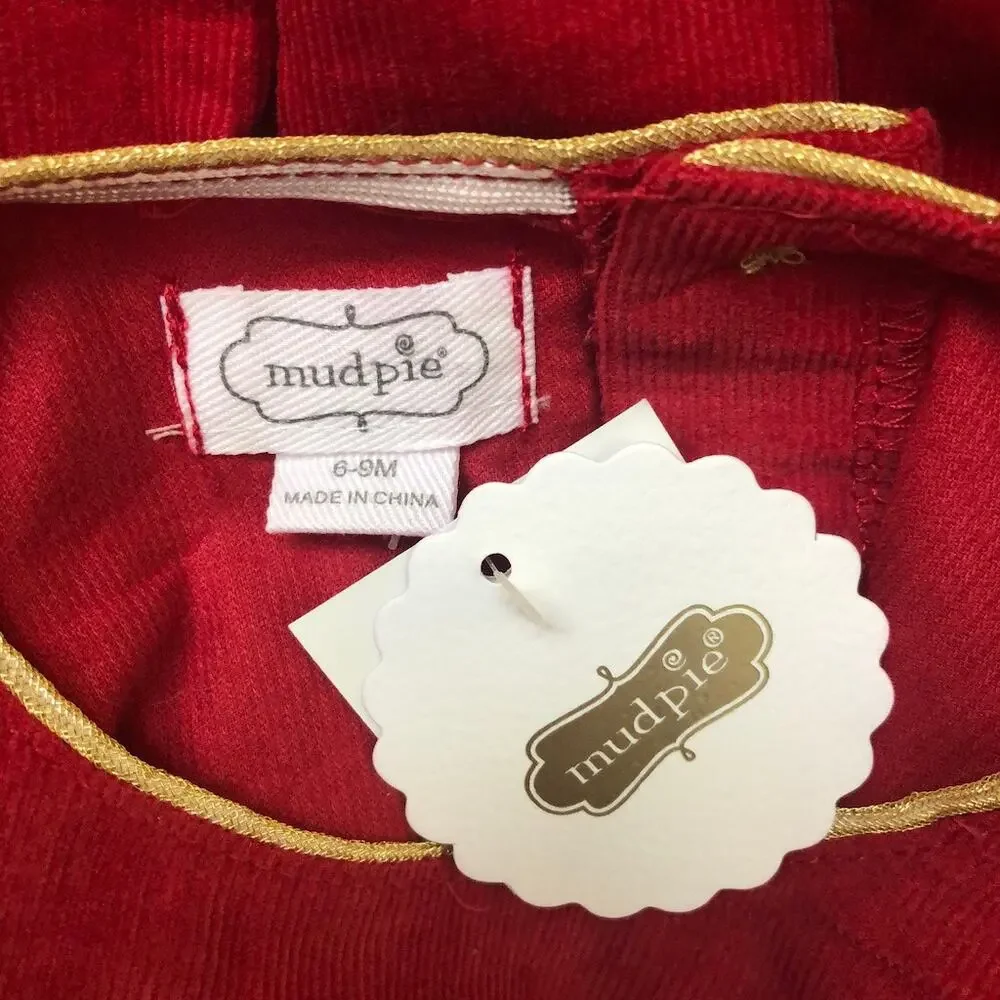 NEW Mudpie Red Corduroy Holiday Christmas Romper Plaid Bow Baby 6 9 Months